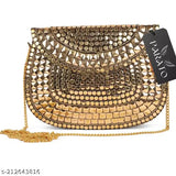 Gold metal handbag with sequin accents and sling strap, suitable for casual wear