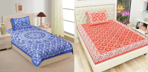Jaipuri printed cotton single bedsheet & pillow covers combo, vibrant Indian textile for bedroom decor