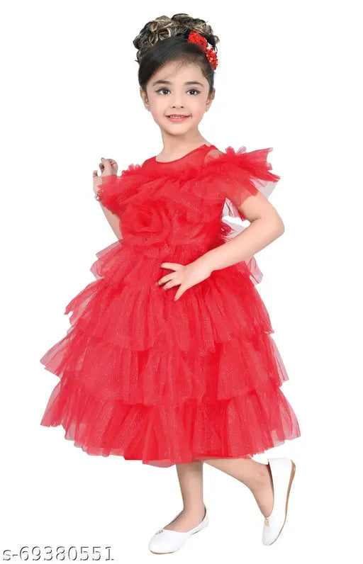 Girls party dress, red ruffle design with sleeves