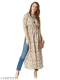 Multicolor polyester maxi top with tie-up tassel detailing, side and front slits. Women's 3/4th sleeve, printed combo western dress for a comfortable fit. Indian origin