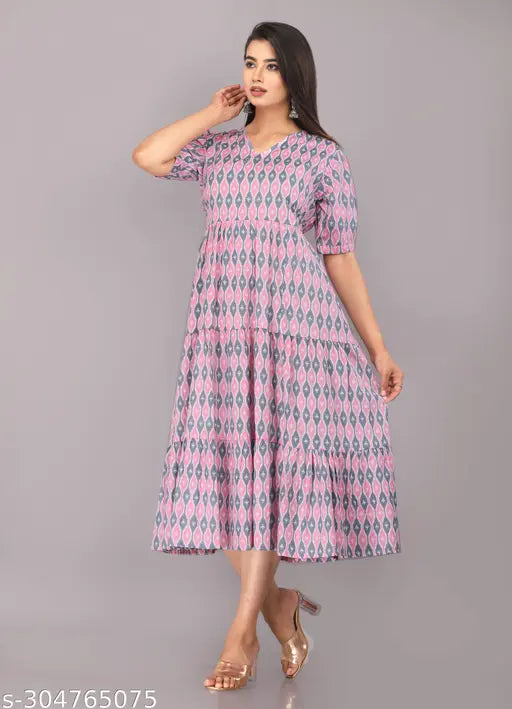 Pink cotton block printed one piece long kameez with flared sleeves