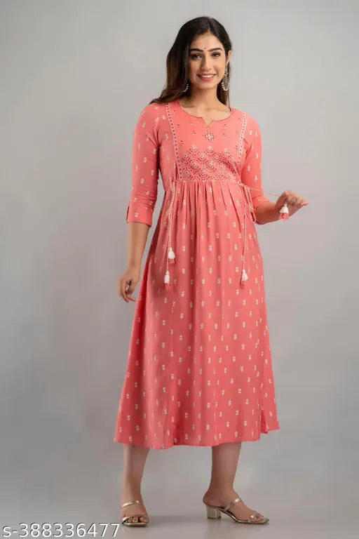 Rayon embroidered print Anarkali Kurti in sizes S-50, three-quarter sleeves, Indian women's fashion