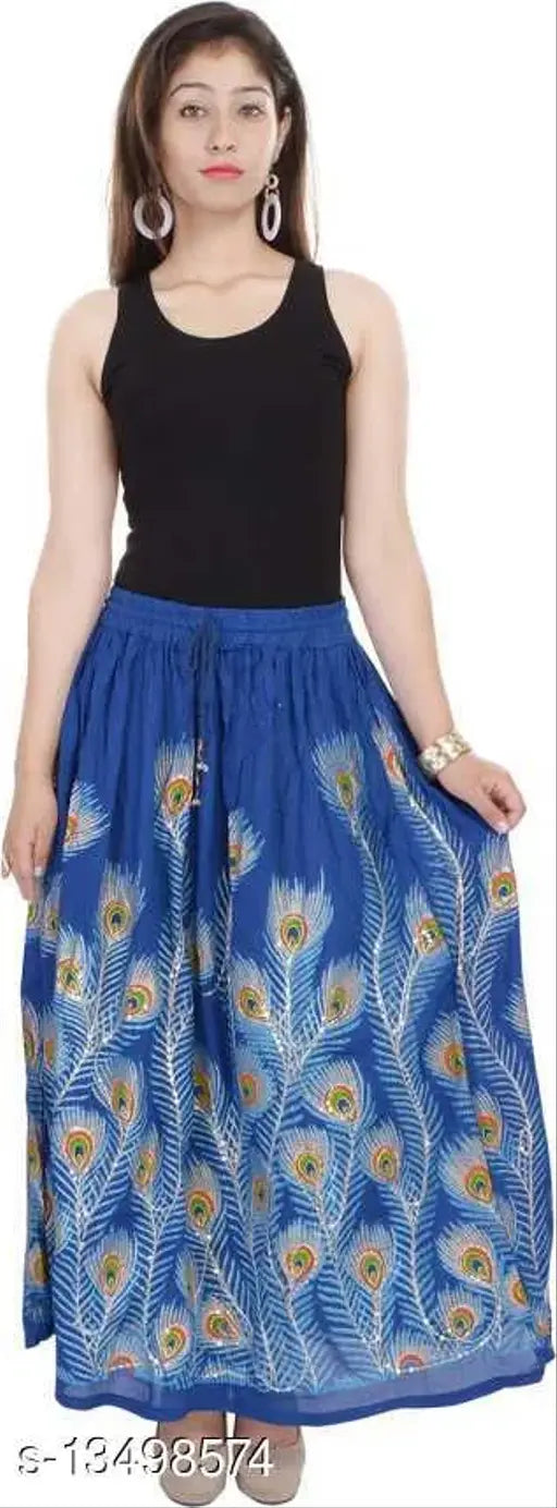 Peacock feather print rayon skirt, free size with waist size 36in and length size 38in, self-designed Indian fashion