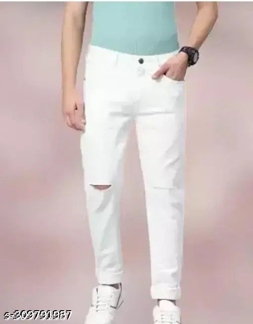 Cotton blend ripped knee-slit white jeans by MOD MEN, size N available