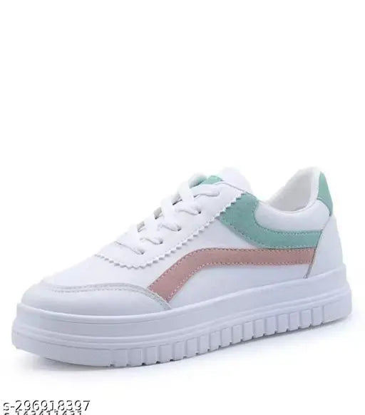 White synthetic kids' sneakers, lightweight & breathable, lace-up with net back detail, for walking and running. Made in India