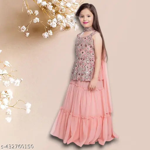 Georgette Krimaa Kids' Floral Embroidered Lehenga-Choli Set with Dupatta, ready-to-wear Indian traditional girls' clothing