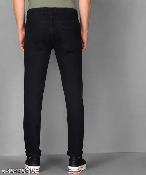 Black denim slim fit men's jeans by Creatywitty - Solid pattern, size 28 (waist 28in, length 30in), made in India