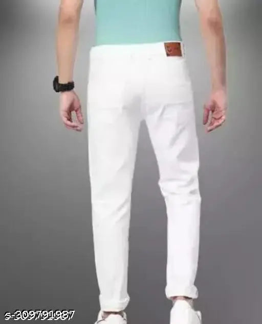 Cotton blend knee-slit white jeans by MOD MEN for men's fashion, ripped net pattern