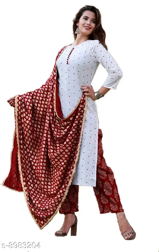 Stylish cotton kurta pant set, red border, full length