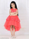Coral tulle party dress with ruffled sleeves, knee-length, girls' festive wear