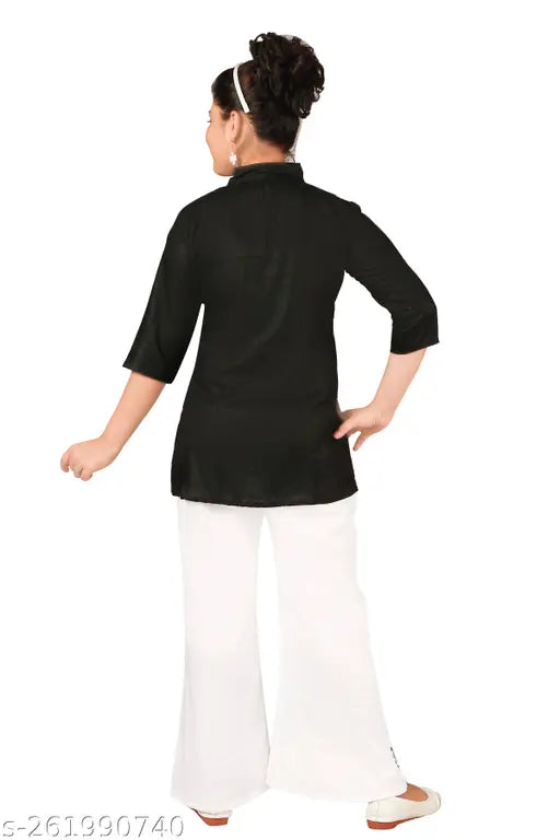 Black cotton blend kurti and plazo set, three-quarter sleeves, festive party print for girls