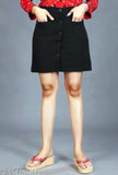 Black mini skirt with front pocket and button closure, featuring straight cut design