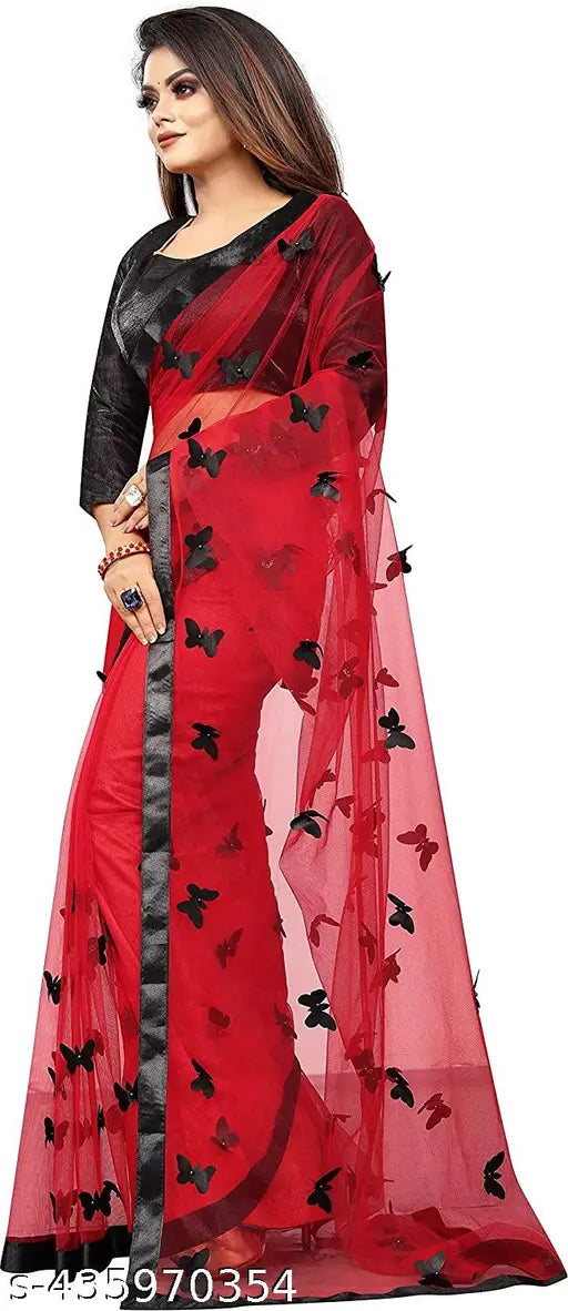 Refined net saree with Banarasi silk blouse, applique pattern on Indian-origin Chitrarekha design