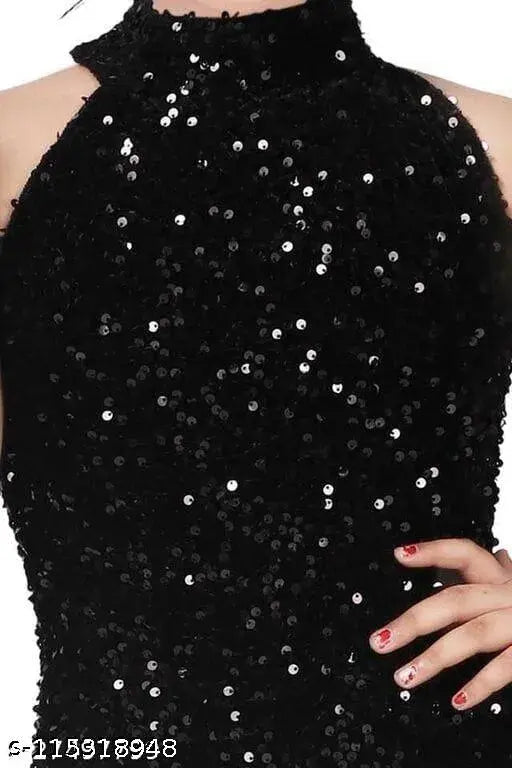 Black sequin dress, short sleeves, high neck
