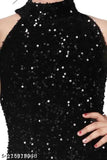 Black sequin dress, short sleeves, high neck