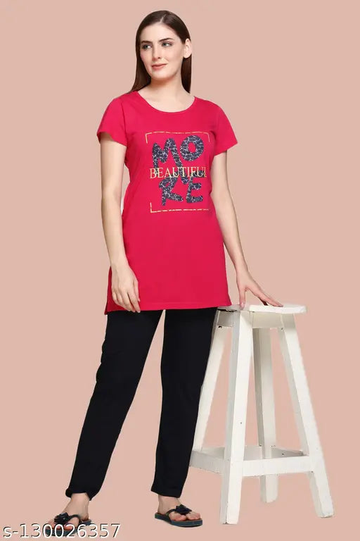 White moon women's summer sleepwear, cotton half sleeve night suit with side slits & pockets (Light Red/Black Set), Indian-made, comfortable daily wear