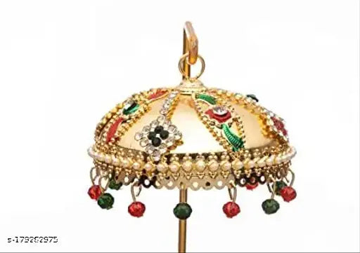 Multicolor brass metal umbrella chatra with hanging crystals for home decor and god murti, ideal for car dashboards or office desks
