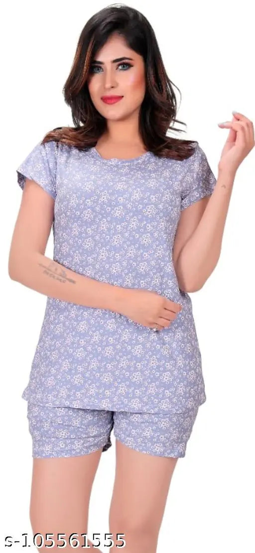 Fashionable cotton-lycra printed nightsuit short, premium dailywear comfort for women, India origin