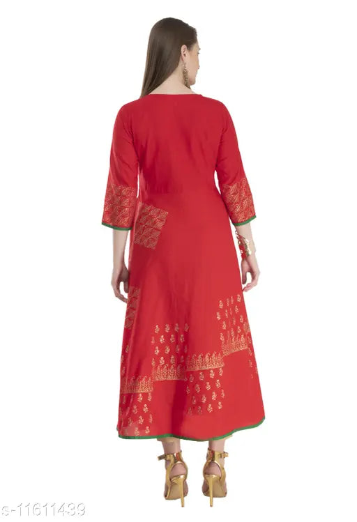 Red women's printed cotton anarkali kurti, full-length with long sleeves and embroidery