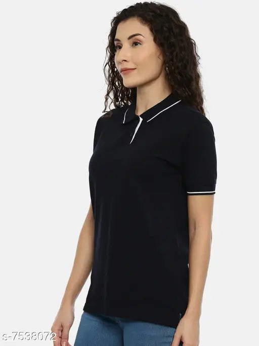 Cotton collared t-shirt for women by Cottsberry, solid color, short sleeves, XS (bust 16", length 23")