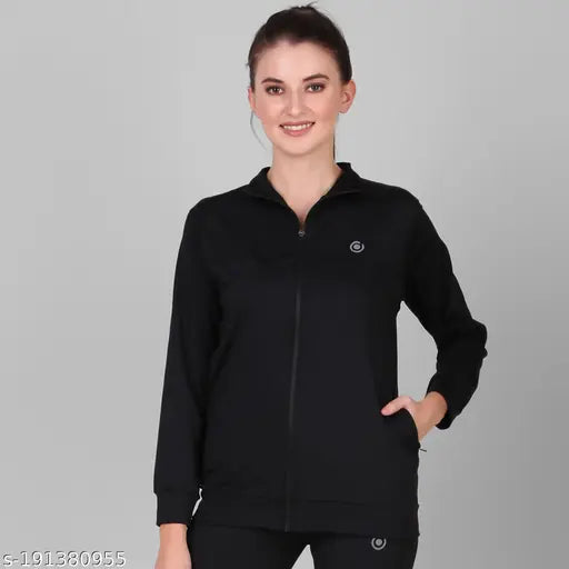 Polyester women's zipper jacket for gym, travel, running, and jogging. Solid-patterned sports jacket with long sleeves, available in sizes S, M, L, XL from India (Pack of 1)