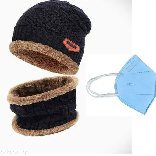 Black wool beanie, trendy men's cap from India