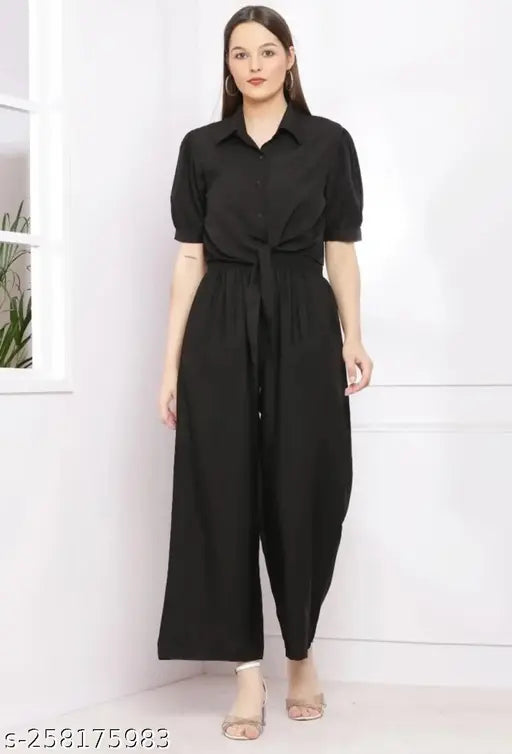 Trendy Indian-origin solid crepe jumpsuits with short sleeves for women's partywear
