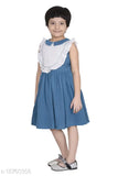 Blue cotton crepe dress, short sleeve, flared skirt, knee length