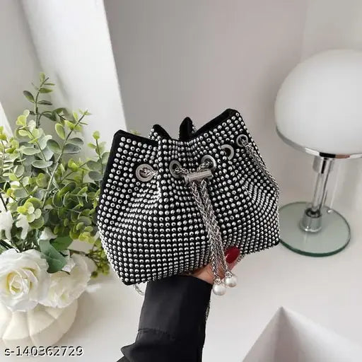 Fashion rhinestone bucket bag, black polka dot fabric