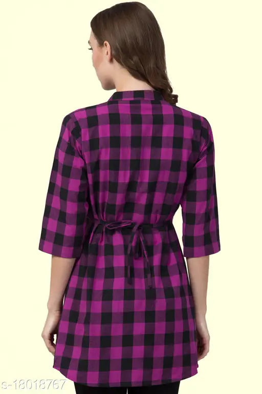 Purple checked tunic for women: 100% cotton with pleats, attached side belts, and 3/4 sleeves