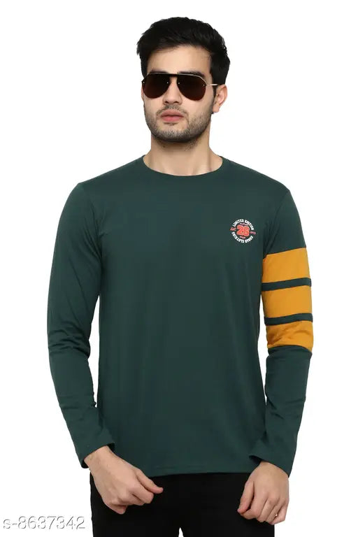 Printed cotton blend round neck full sleeve T-shirt, long sleeves, size S (chest 38in, length 26.5in), made in India