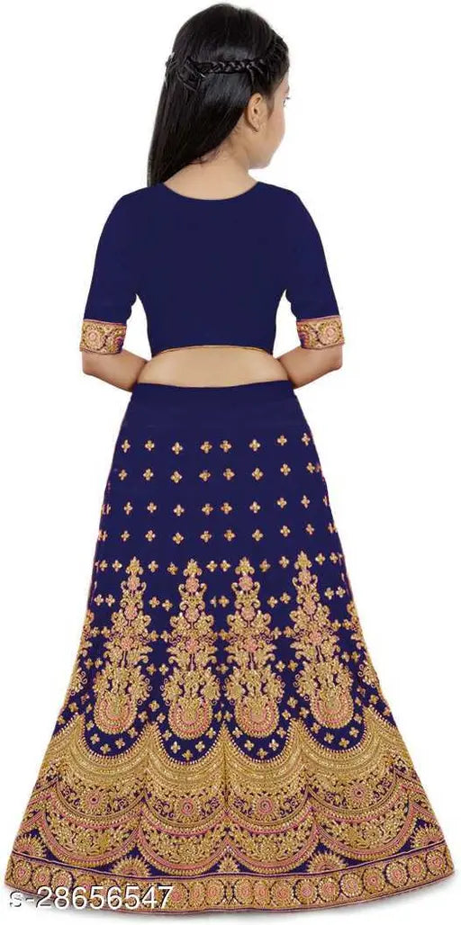Embroidered satin lehenga choli for girls, short-sleeved net dupatta, 4-15 years size range, Indian semi-stitched style