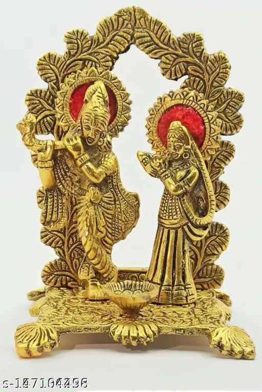 Metal Radha Krishna idol for home office gift, Indian ashtdhatu Krishna statue with diya, 16cm x 16cm x 11.5cm