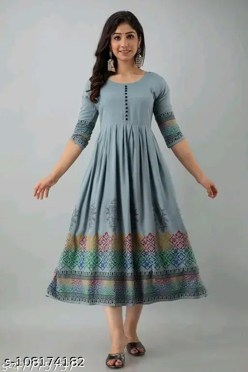 Rayon printed long flared Anarkali Kurti, three-quarter sleeves, Indian ethnic style, breathable and comfortable for everyday wear