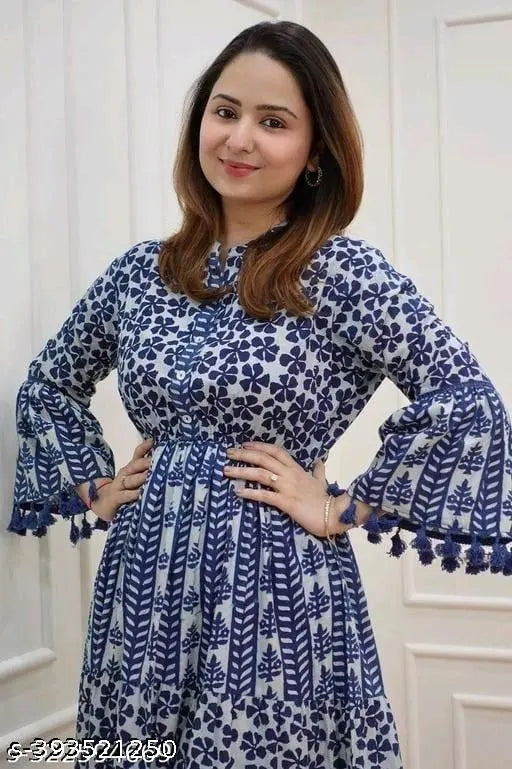 Women's rayon Anarkali kurti with pom pom work, long sleeves, printed pattern, available in multiple sizes (M-XXXXL)