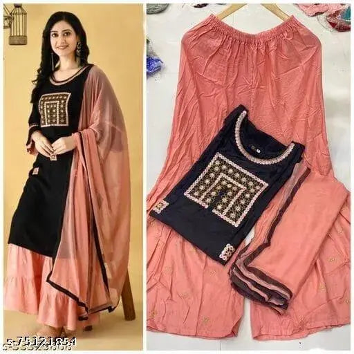 Trendy women kurta set, 100% cotton, long sleeves, black border