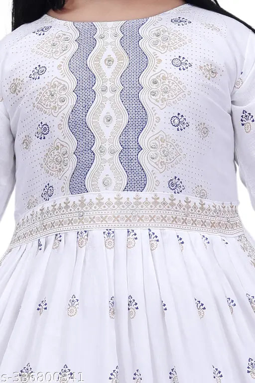 White rayon printed kid's Naira cut Kurta set with palazzos, vibrant colors, and intricate embroidery
