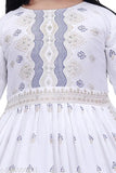 White rayon printed kid's Naira cut Kurta set with palazzos, vibrant colors, and intricate embroidery