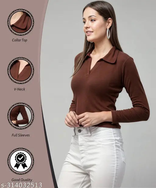 Long sleeve cotton blend VNeck top for women, solid color