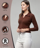 Long sleeve cotton blend VNeck top for women, solid color