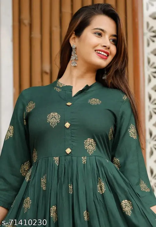 Rayon printed Anarkali Kurta by Laxmi Textile, vibrant rayon fabric with three-quarter sleeves, Indian women's fashion on model