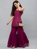 Purple satin Georgette kurta with shararas and silver trim