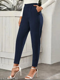 Navy blue polyester blend women's slim-fit trousers with two side pockets and a mid-waist waistband