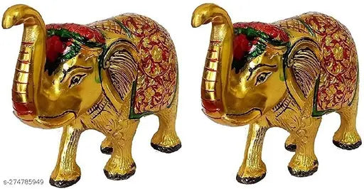 Metal elephant idol set, 2 medium figurines for home, temple, office gifting. Colorful with dimensions L-B-H-8x2.5x6 cm from India