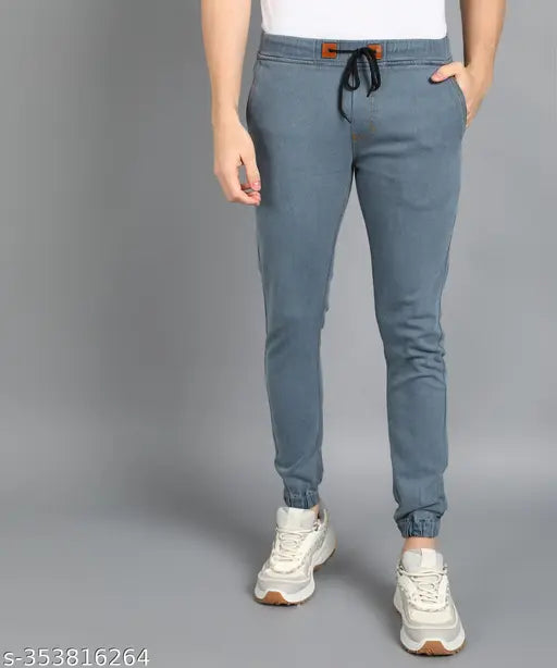 Urbano Men's Grey Cotton Blend Slim Joggers - Trendy, stretchable light grey jeans for stylish comfort and versatile wear