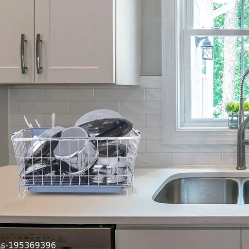 Metal dish drainer with a stainless steel frame and a wire basket
