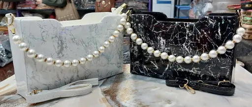 Marble sling bag for women, long shoulder strap, pearl handle