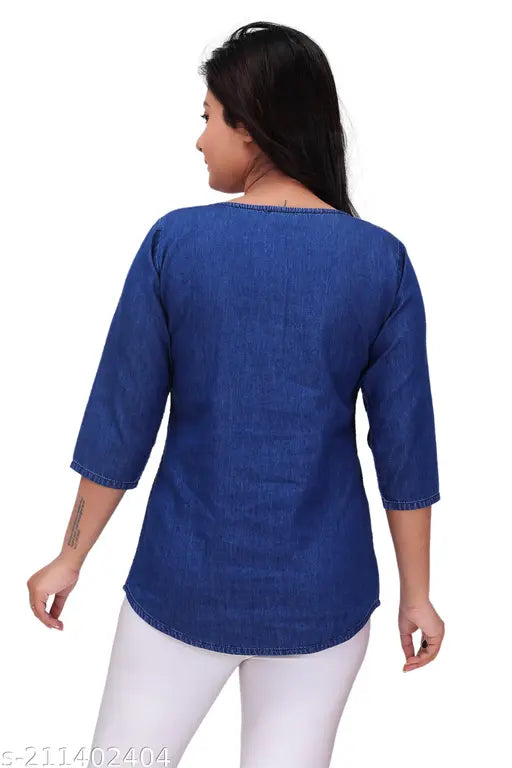 Stylish embroidered denim top for women (M: bust 38in, length 26in; L: bust 40in, length 26in), Indian origin