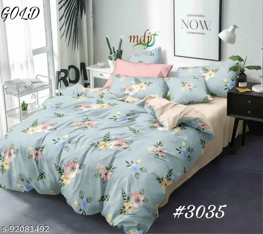 Light blue floral cotton bedsheet set with 2 pillowcases, high-quality regular thread count 104N, ideal for adults, made in India