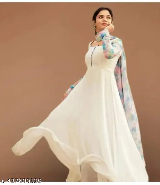 Georgette Anarkali dress & duplata, solid net, long sleeves, Indian fashion on model